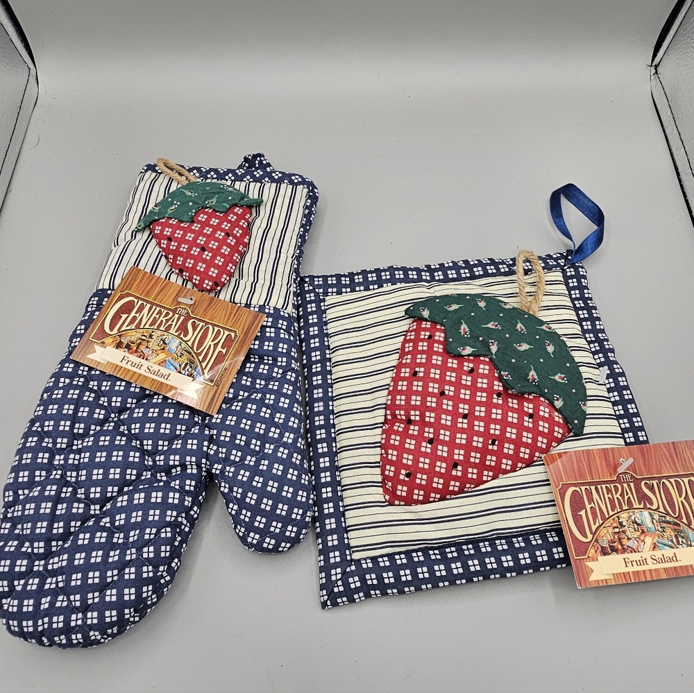 Vtg Franco Cottage Strawberry Oven Mitt Set Farmhouse Nwt The General Store Rare